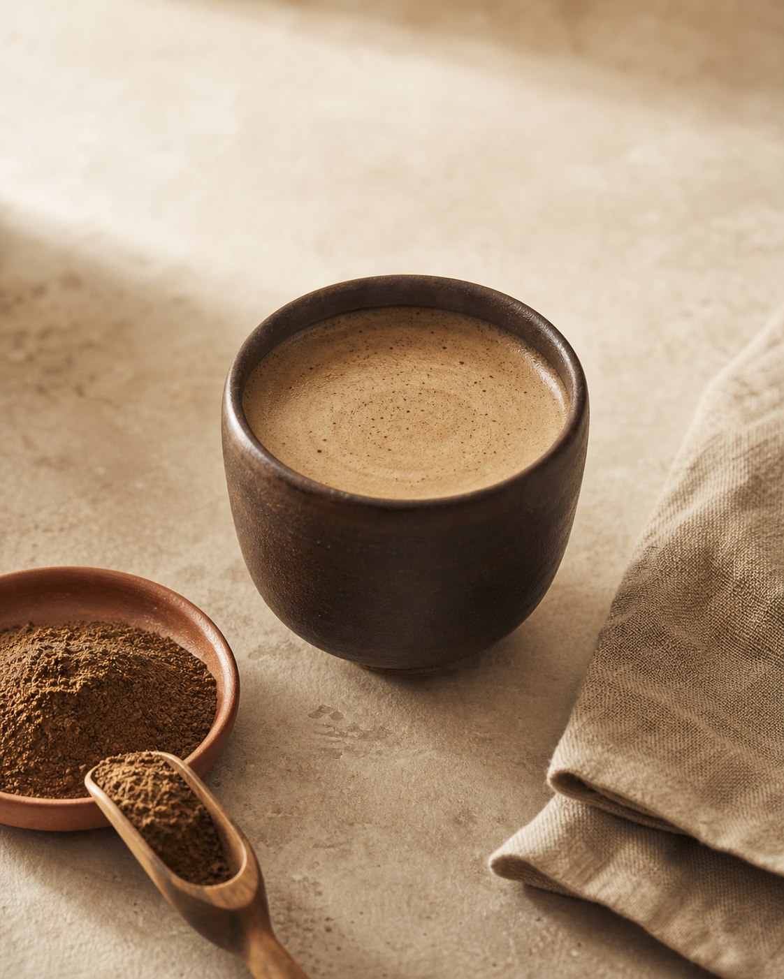 Creamy Jun hojicha latte with roasted tea powder and a wooden scoop