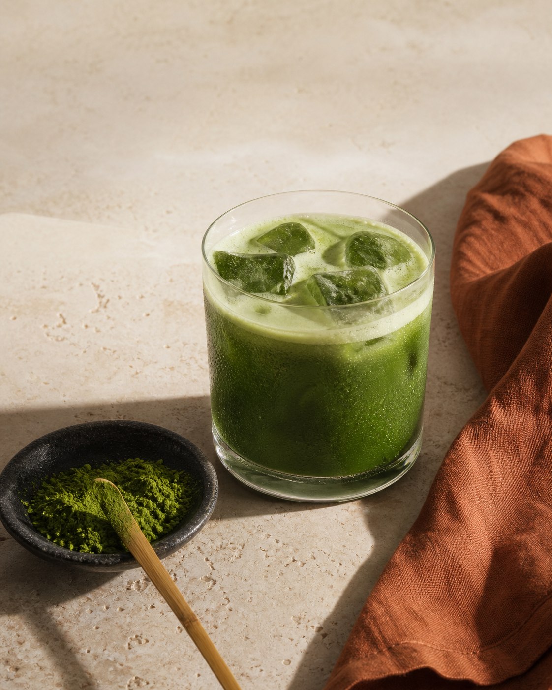 Iced Mei matcha with vivid matcha powder and a terracotta linen accent
