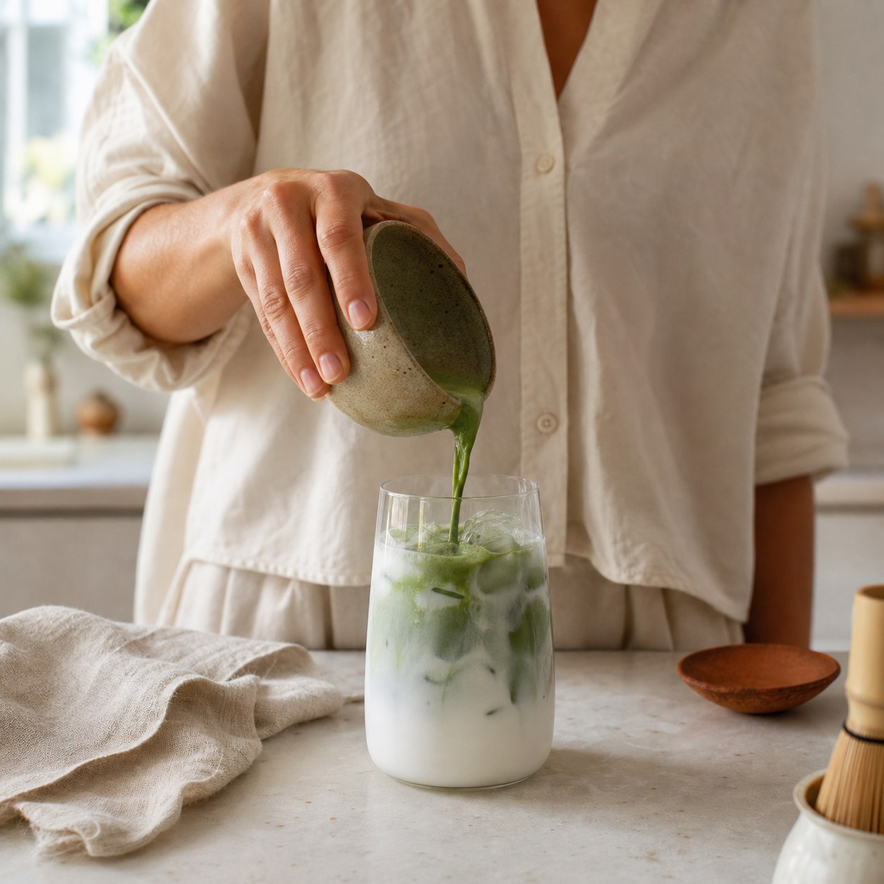 Fresh matcha being poured into an iced milk drink at a home kitchen counter