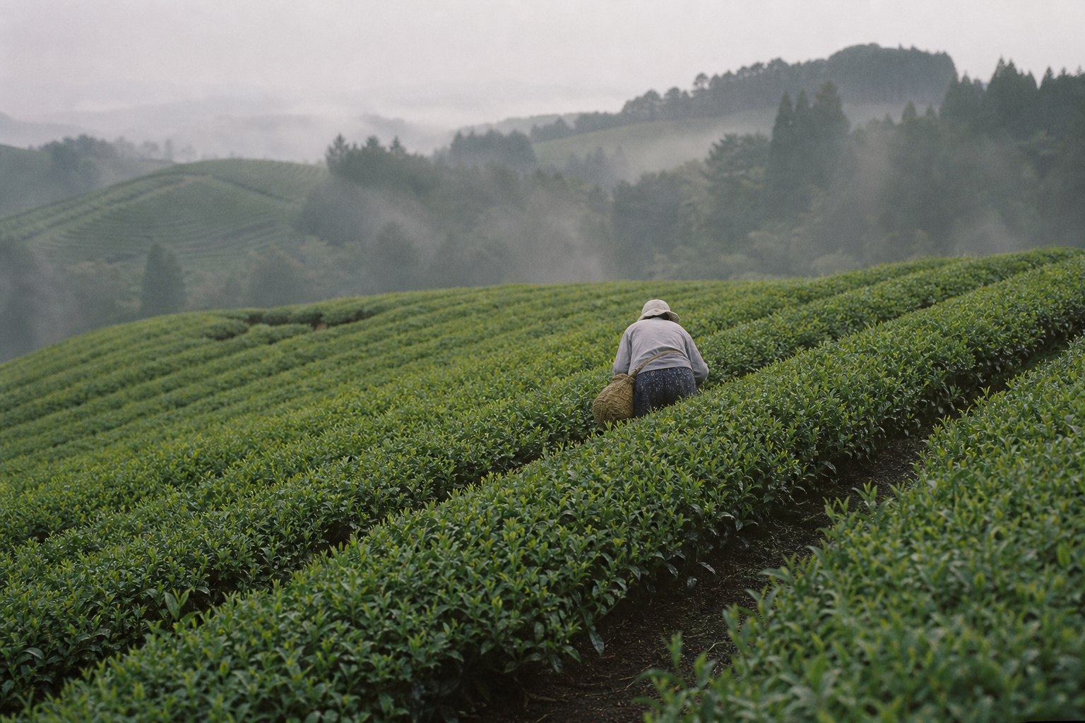 Tea grower tending rows of green tea plants on a misty hillside